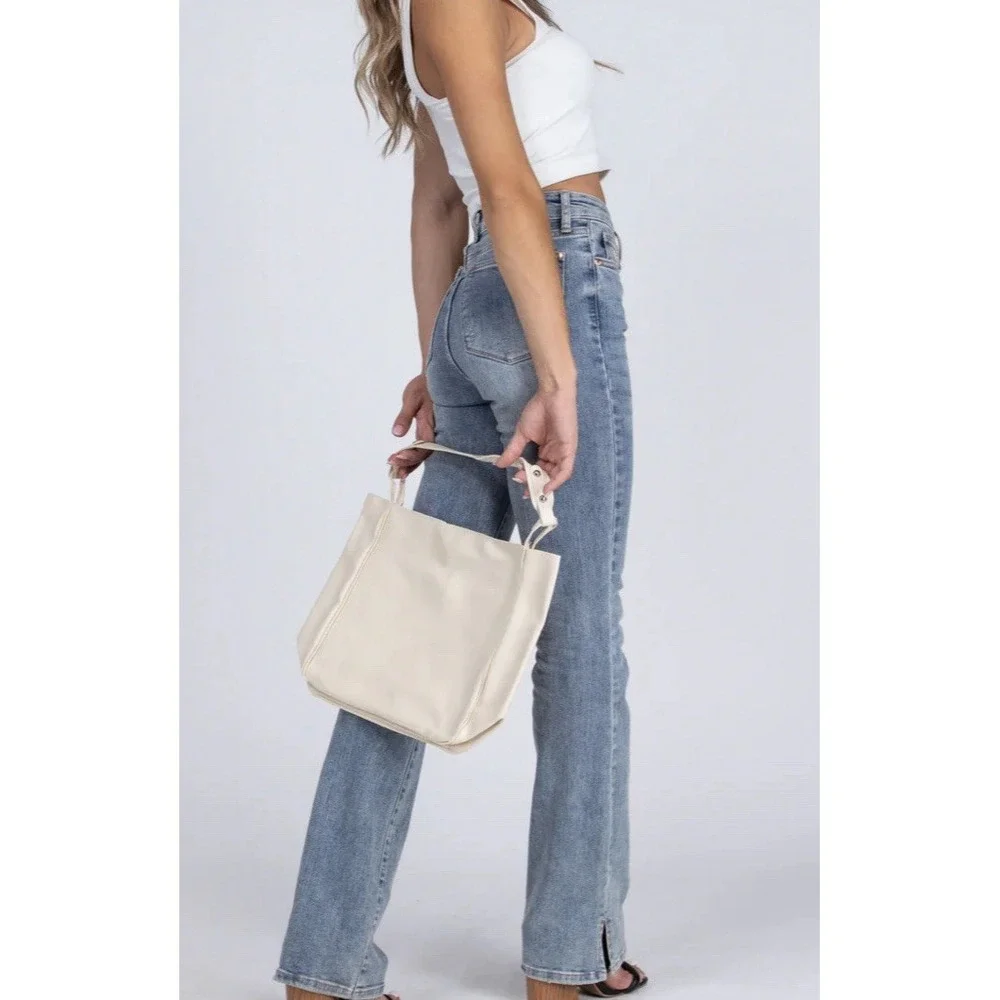 Simple Trendy Cream Vegan Leather Shoulder Bag Rivet‎ Snap Closure Minimalist